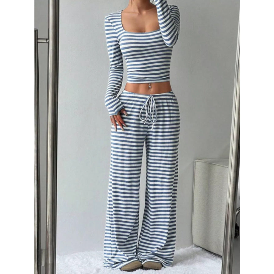Striped Long Sleeve Crop Top and Wide Leg Pants Set Sky Blue / S Apparel Accessories