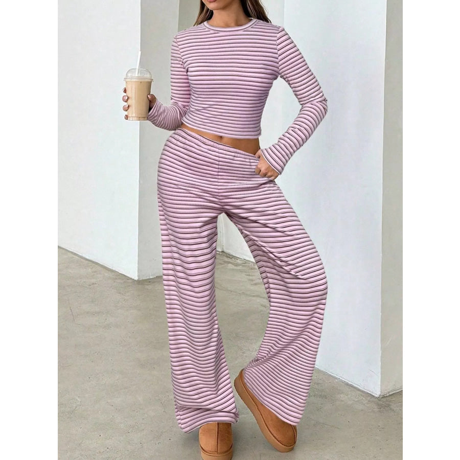 Striped Long Sleeve Crop Top and Wide Leg Pants Two-Piece Set Apparel Accessories