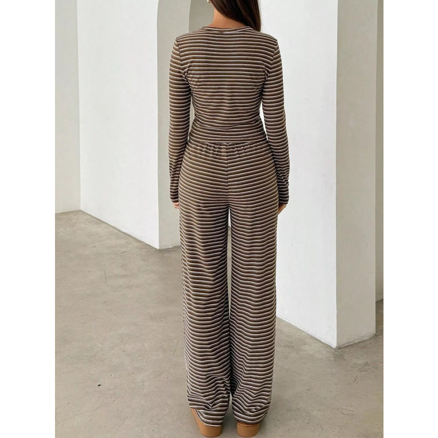 Striped Long Sleeve Crop Top and Wide Leg Pants Two-Piece Set Apparel Accessories