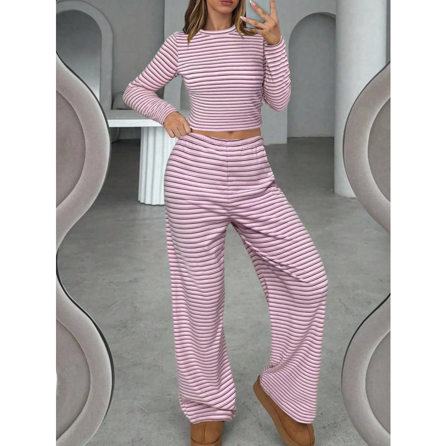 Striped Long Sleeve Crop Top and Wide Leg Pants Two-Piece Set Apparel Accessories