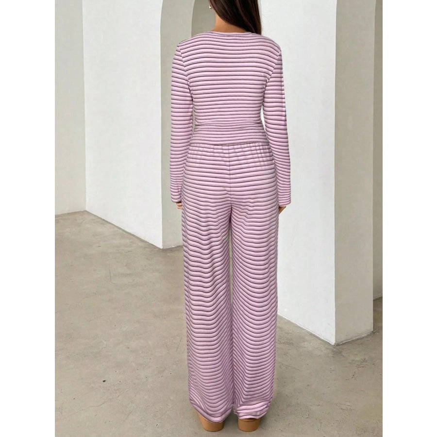 Striped Long Sleeve Crop Top and Wide Leg Pants Two-Piece Set Apparel Accessories