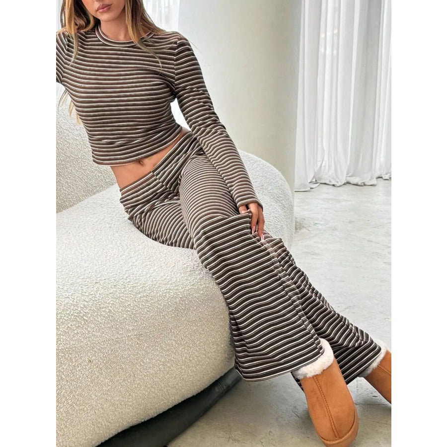 Striped Long Sleeve Crop Top and Wide Leg Pants Two-Piece Set Apparel Accessories
