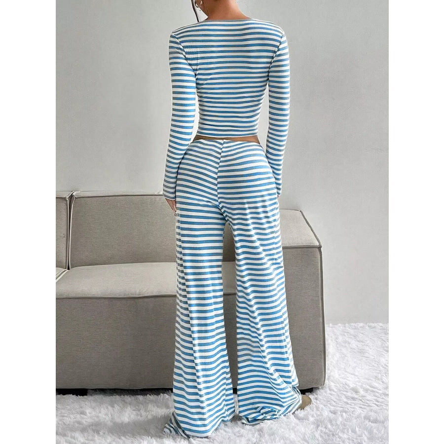 Striped Long Sleeve Crop Top & Wide Leg Pants Set Light Blue / S Apparel and Accessories