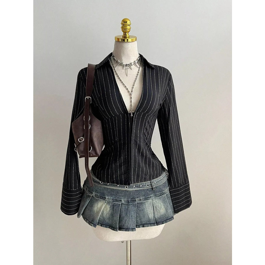 Striped Long Sleeve Fitted Blouse Black / S Apparel and Accessories
