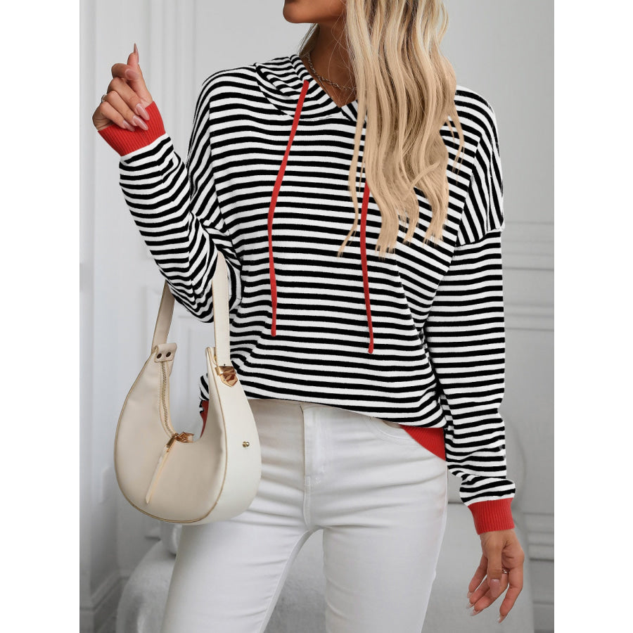 Striped Long Sleeve Hooded Knit Top Apparel and Accessories