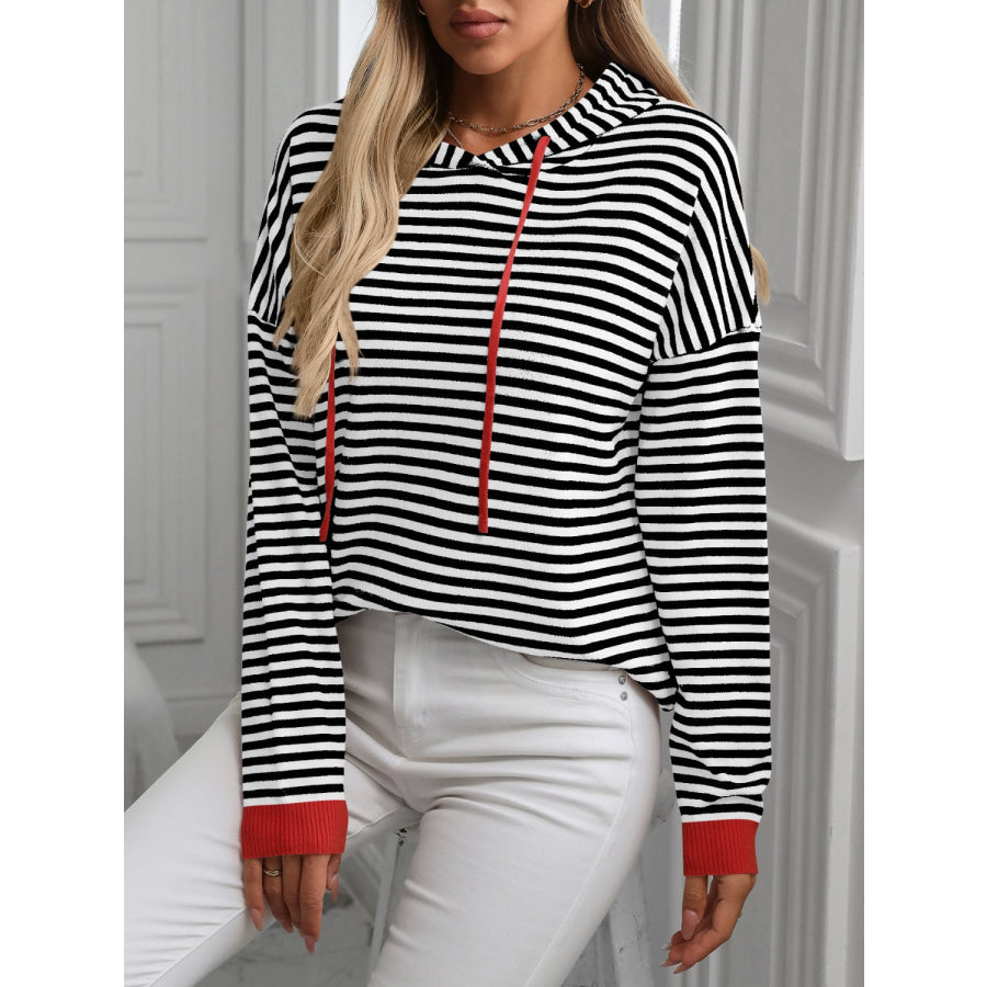 Striped Long Sleeve Hooded Knit Top Apparel and Accessories