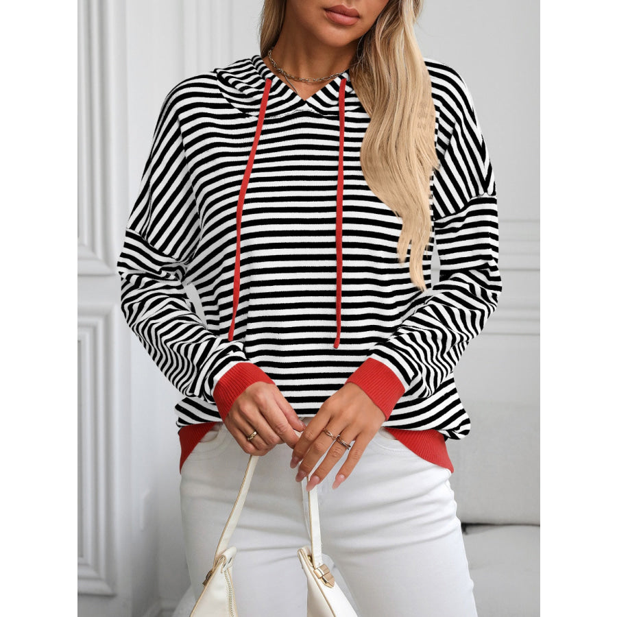 Striped Long Sleeve Hooded Knit Top Black / S Apparel and Accessories