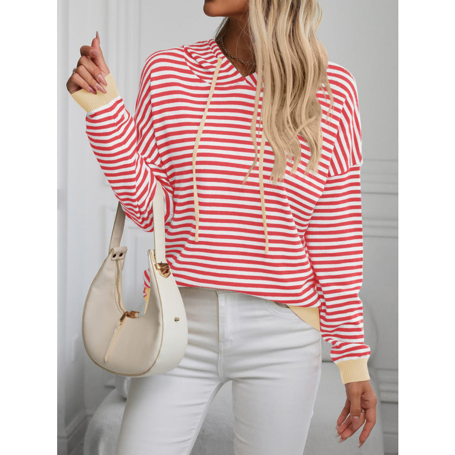 Striped Long Sleeve Hooded Knit Top Coral / S Apparel and Accessories