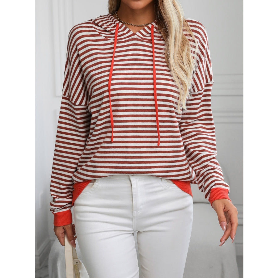 Striped Long Sleeve Hooded Knit Top Dark Brown / S Apparel and Accessories