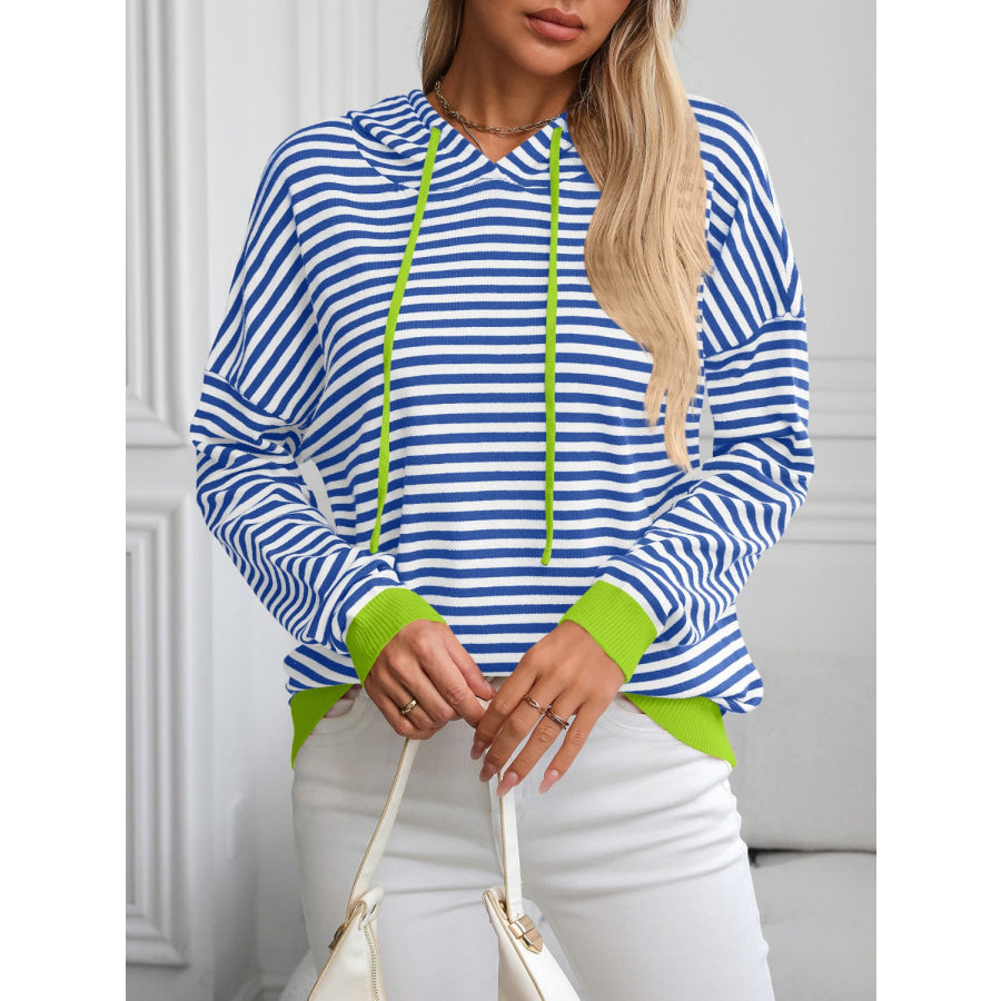 Striped Long Sleeve Hooded Knit Top Dusty Blue / S Apparel and Accessories