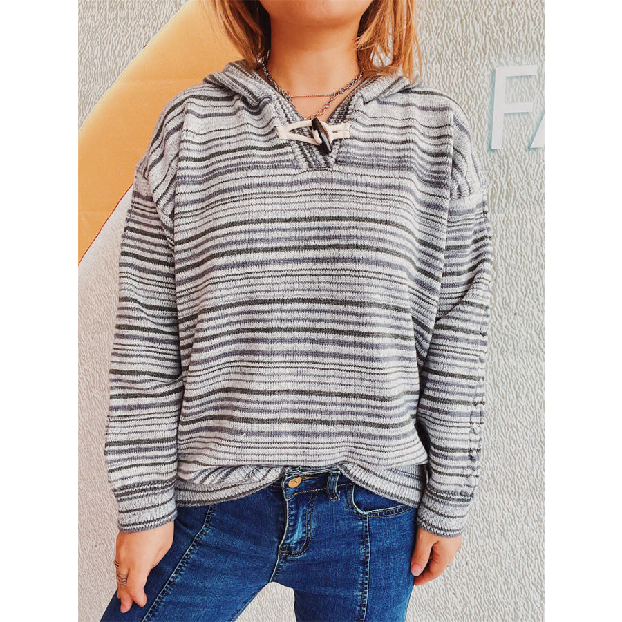 Striped Long Sleeve Hooded Sweater Dark Gray / One Size Apparel and Accessories