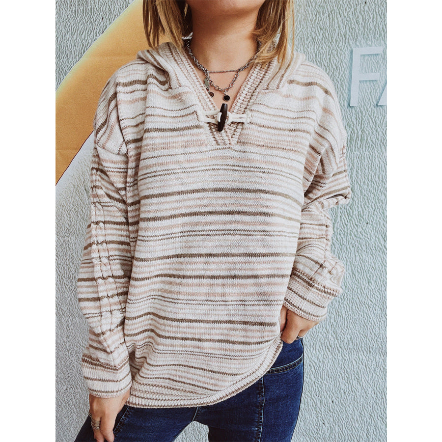 Striped Long Sleeve Hooded Sweater Taupe / One Size Apparel and Accessories