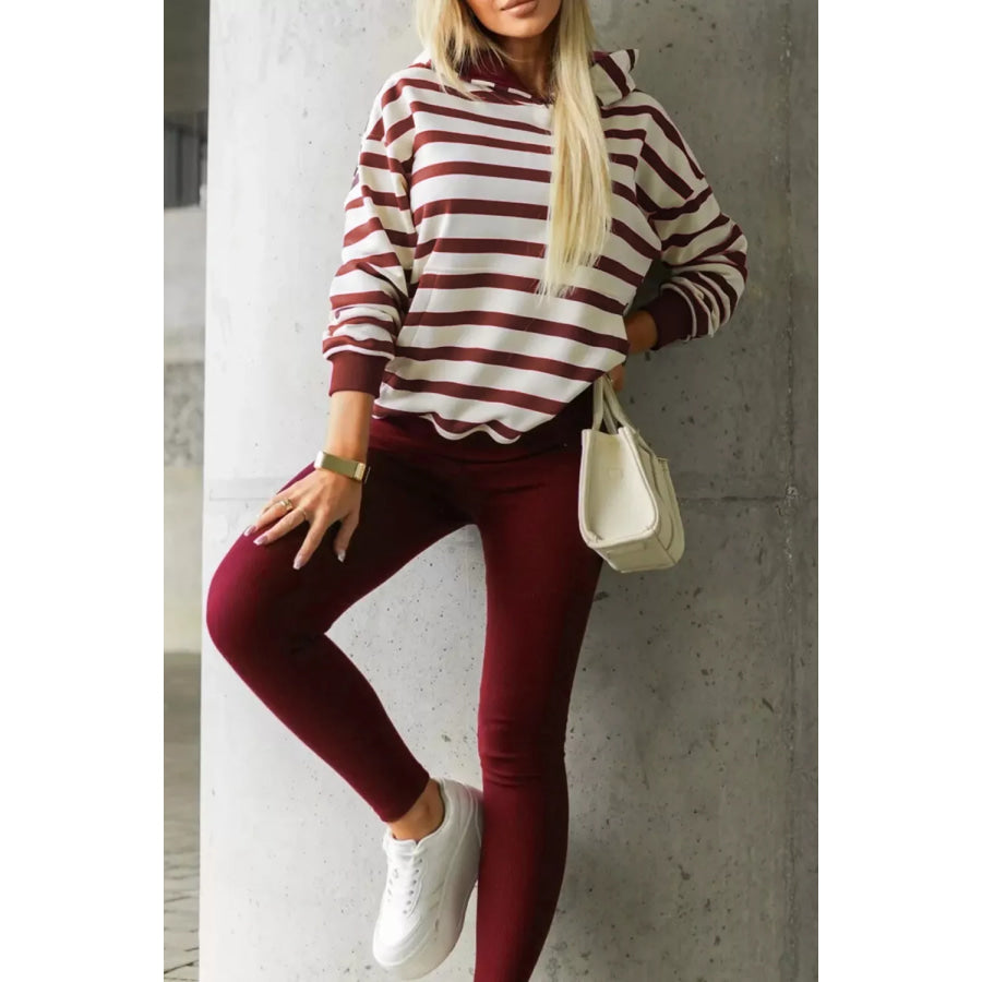 Striped Long Sleeve Hoodie & Leggings Set Burgundy / S Apparel and Accessories