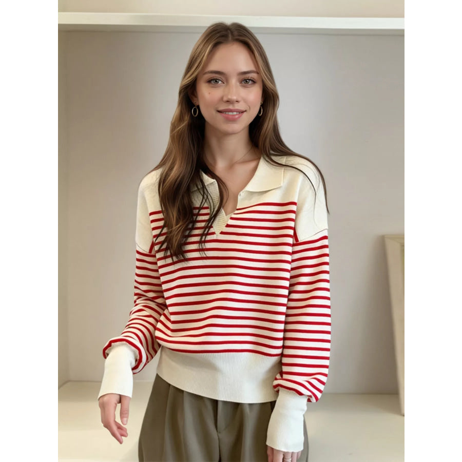 Striped Long Sleeve Knit Top Red / One Size Apparel and Accessories