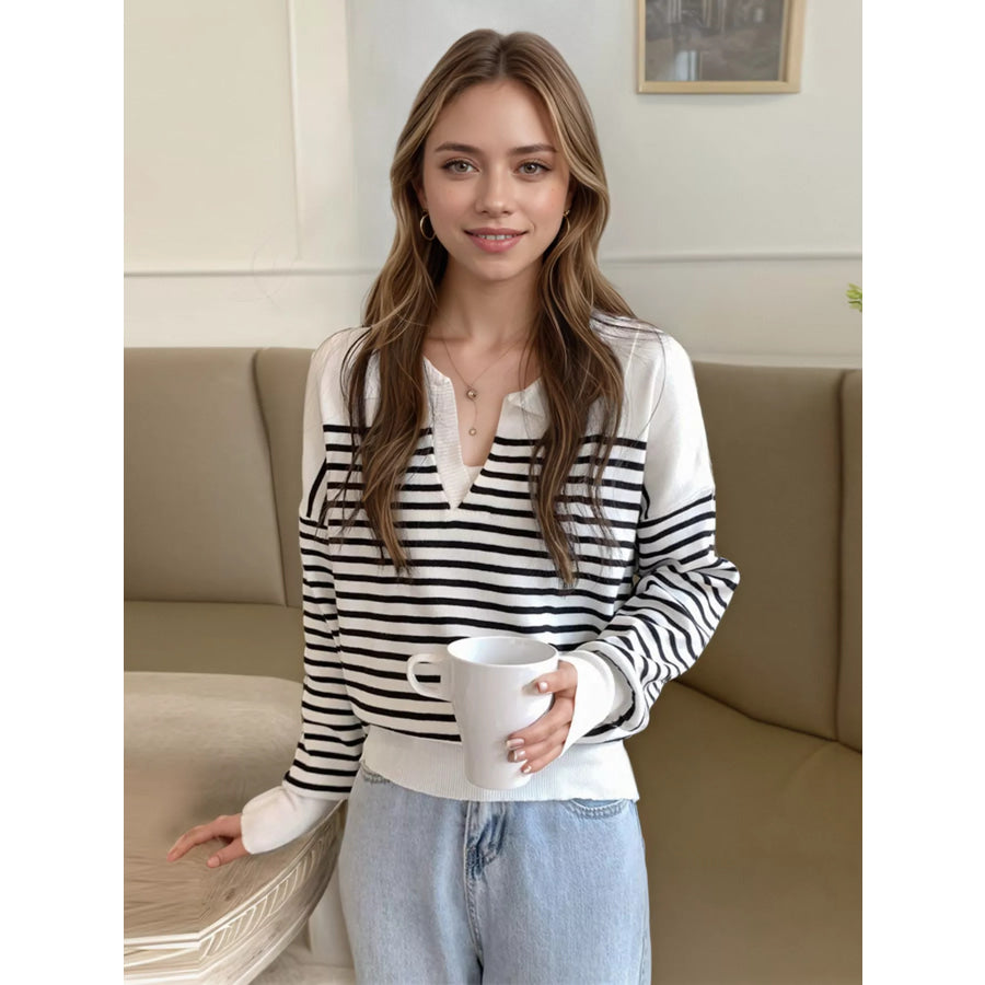Striped Long Sleeve Knit Top White / One Size Apparel and Accessories