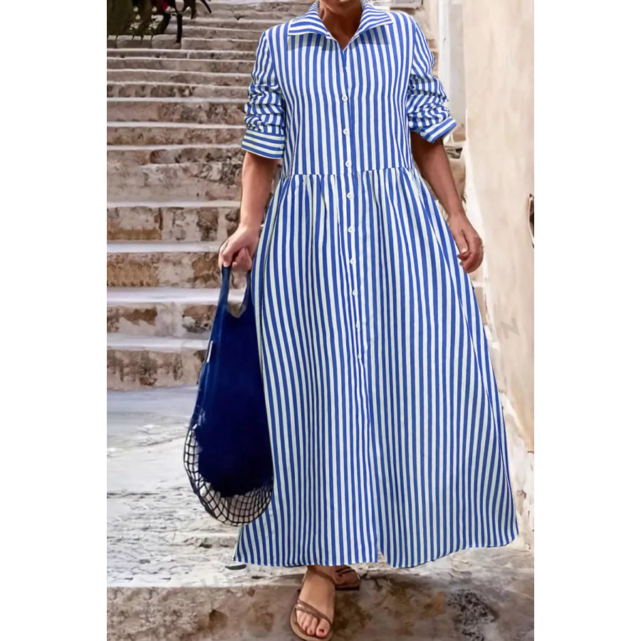 Striped Long Sleeve Maxi Shirt Dress Light Blue / S Apparel and Accessories