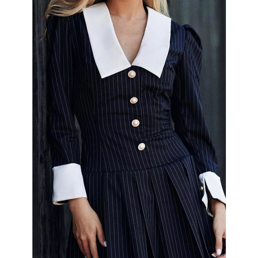 Striped Long-Sleeve Pleated Mini Dress Apparel and Accessories