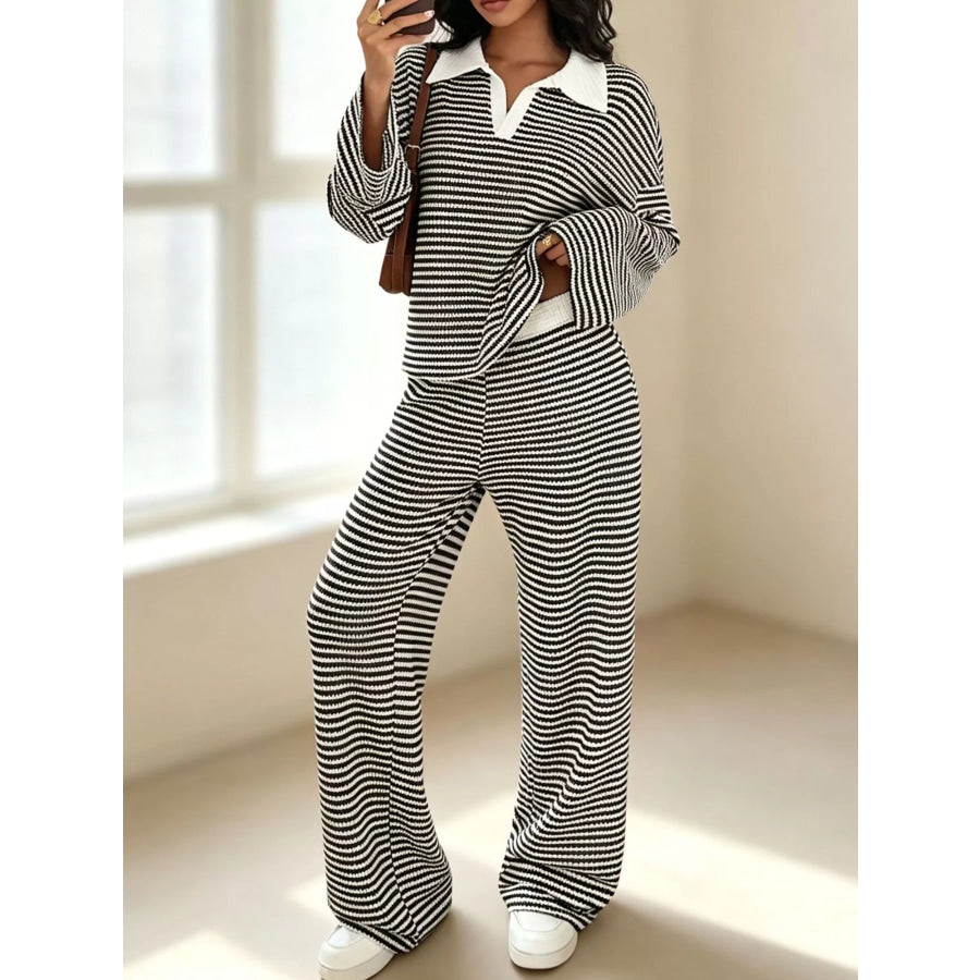 Striped Long Sleeve Polo and Wide-Leg Pants Set Apparel and Accessories