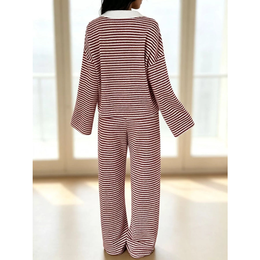 Striped Long Sleeve Polo and Wide-Leg Pants Set Apparel and Accessories