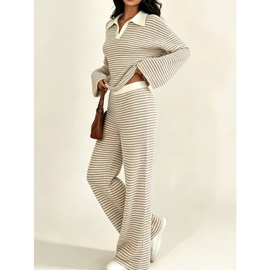 Striped Long Sleeve Polo and Wide-Leg Pants Set Apparel and Accessories
