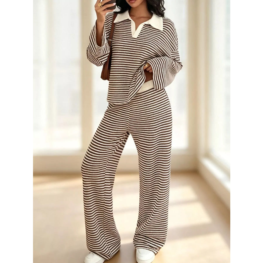 Striped Long Sleeve Polo and Wide-Leg Pants Set Apparel and Accessories