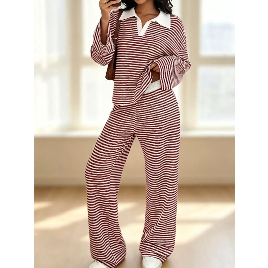 Striped Long Sleeve Polo and Wide-Leg Pants Set Apparel and Accessories