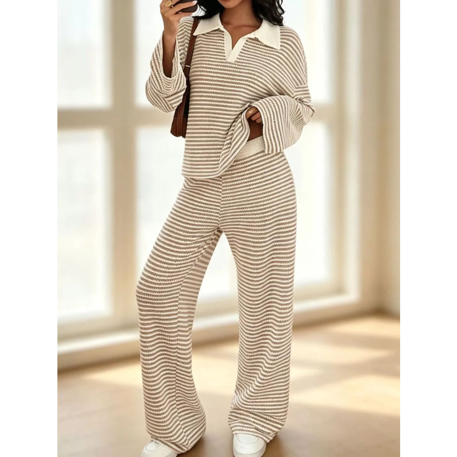 Striped Long Sleeve Polo and Wide-Leg Pants Set Apparel and Accessories