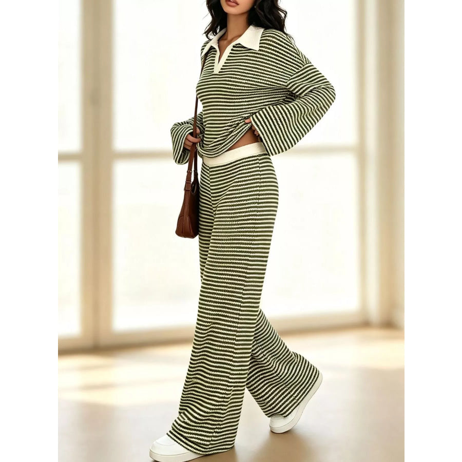 Striped Long Sleeve Polo and Wide-Leg Pants Set Apparel and Accessories