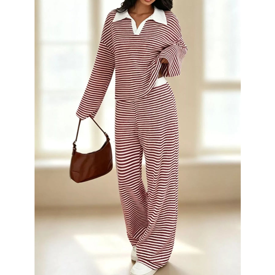 Striped Long Sleeve Polo and Wide-Leg Pants Set Apparel and Accessories