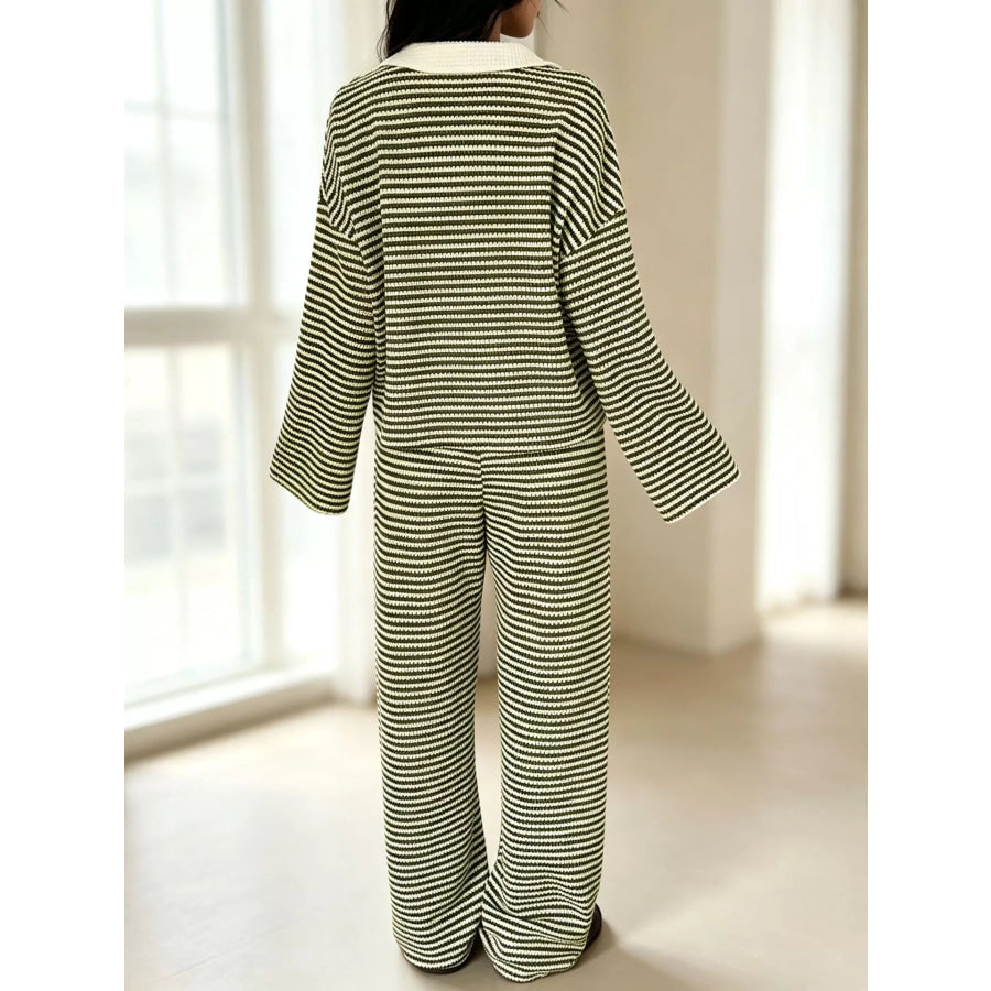 Striped Long Sleeve Polo and Wide-Leg Pants Set Apparel and Accessories