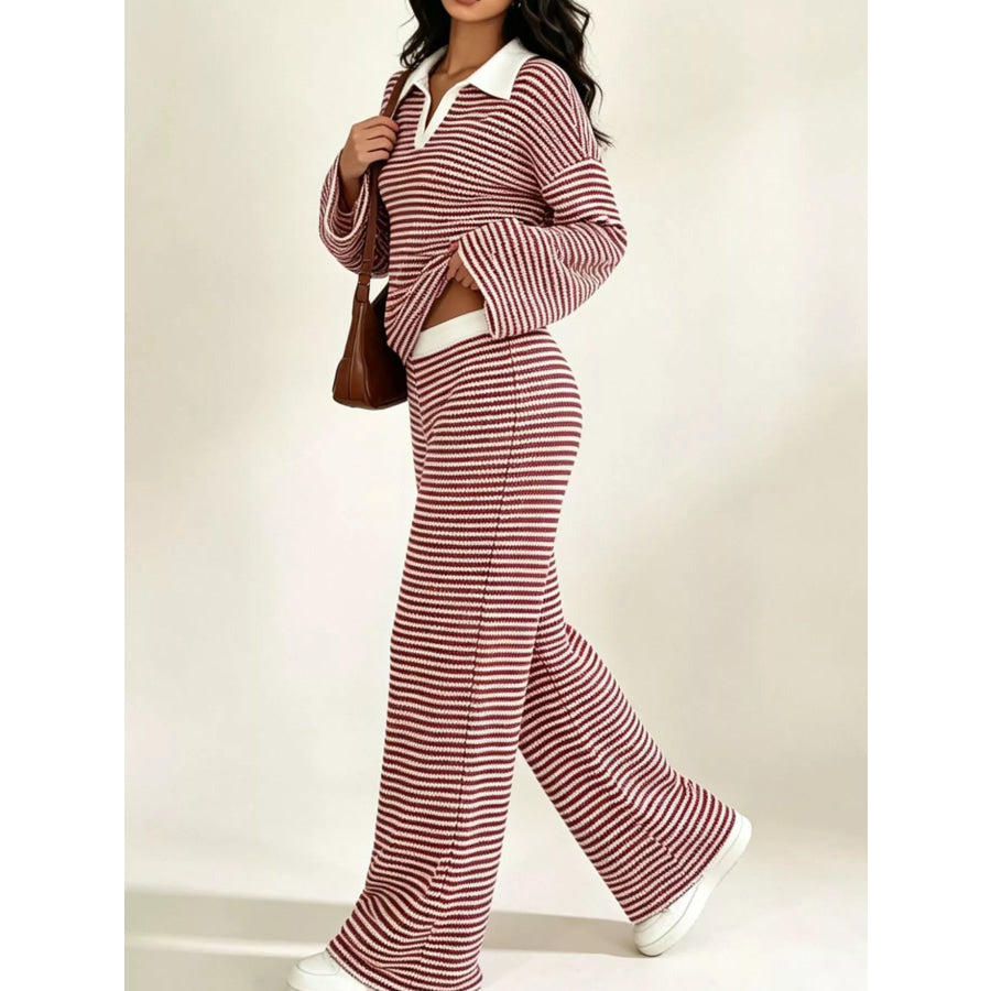 Striped Long Sleeve Polo and Wide-Leg Pants Set Apparel and Accessories
