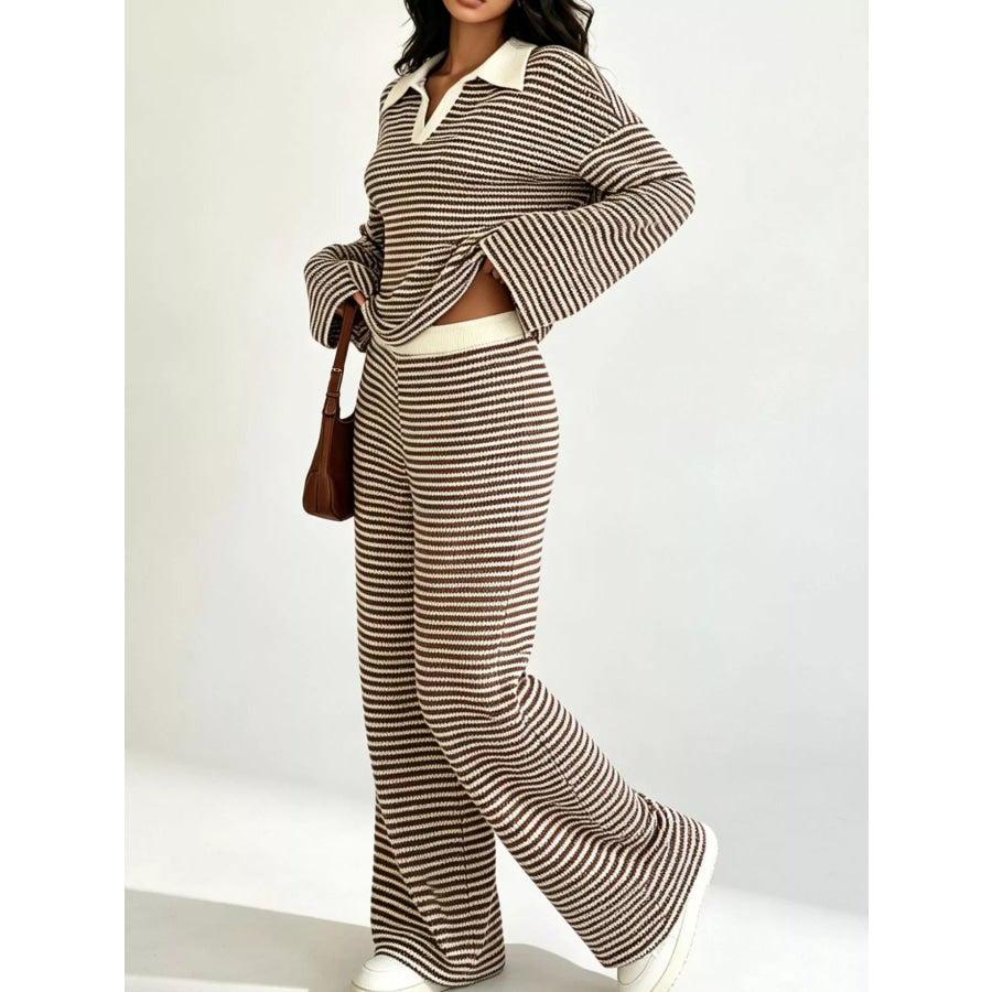 Striped Long Sleeve Polo and Wide-Leg Pants Set Apparel and Accessories