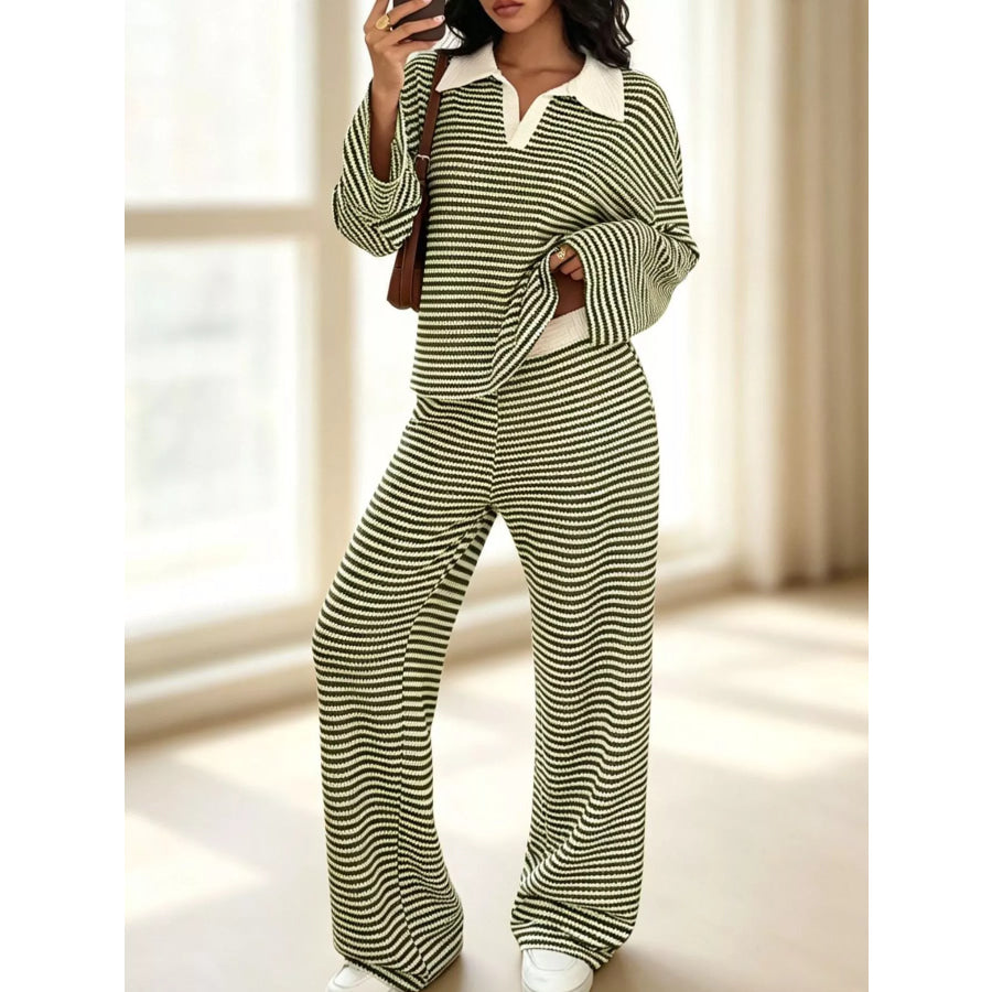 Striped Long Sleeve Polo and Wide-Leg Pants Set Apparel and Accessories