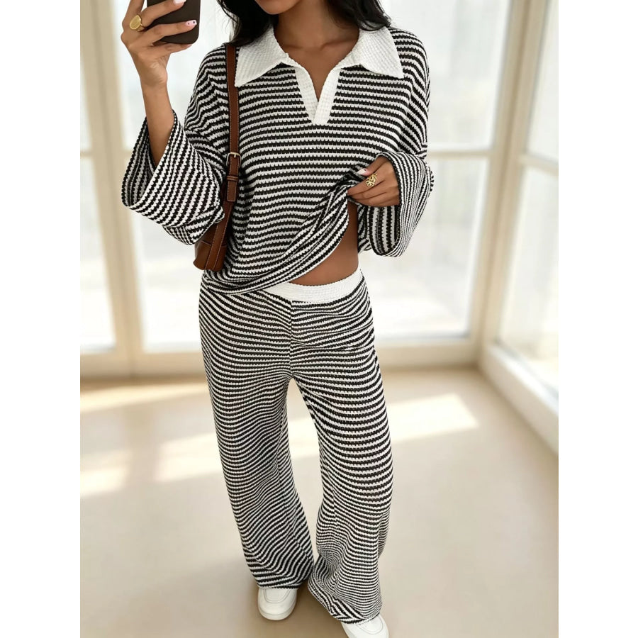 Striped Long Sleeve Polo and Wide-Leg Pants Set Black / XS Apparel and Accessories