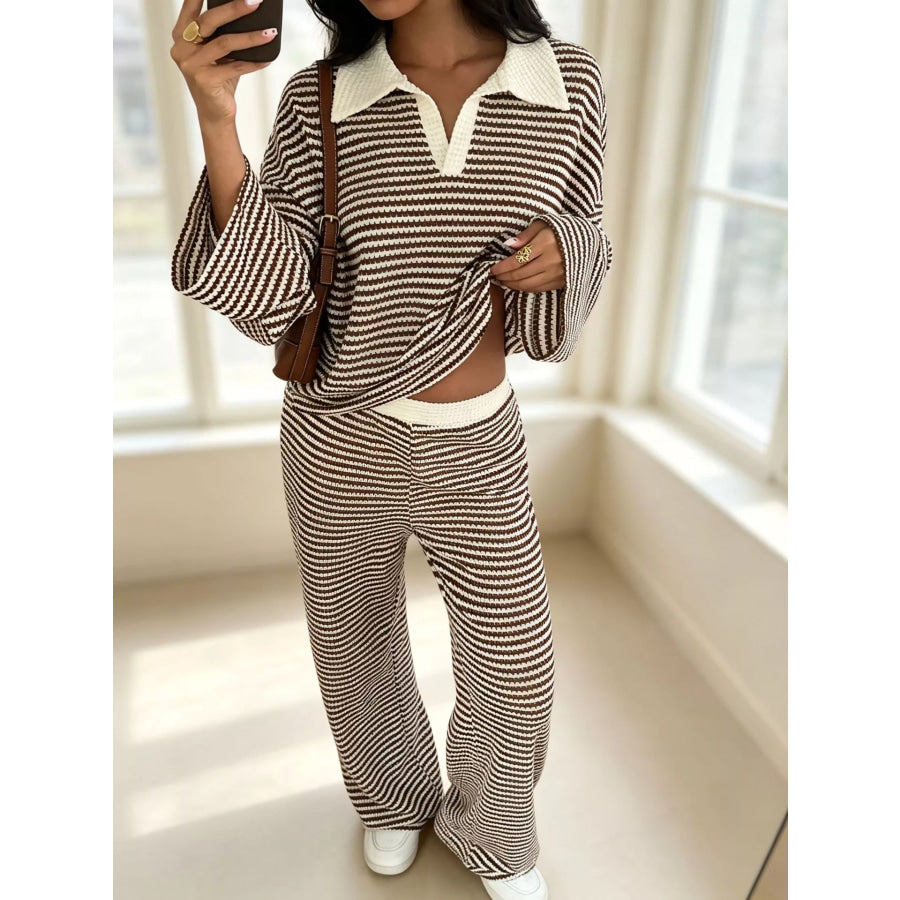 Striped Long Sleeve Polo and Wide-Leg Pants Set Brown / XS Apparel and Accessories