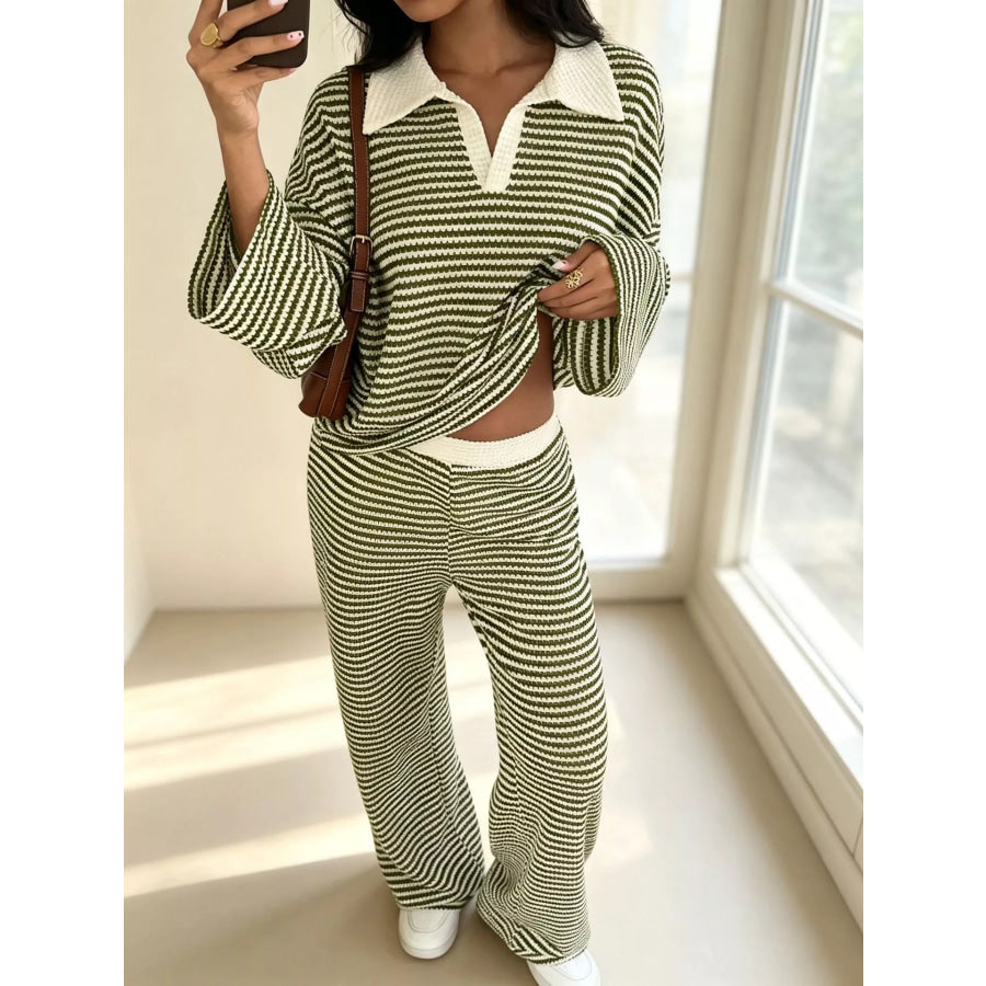 Striped Long Sleeve Polo and Wide-Leg Pants Set Green / XS Apparel and Accessories