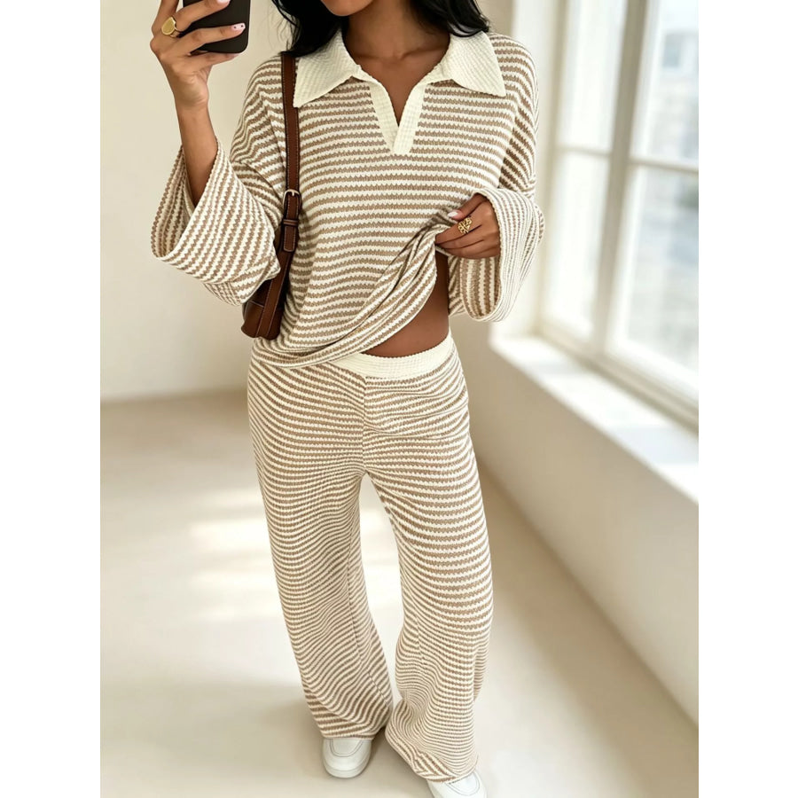 Striped Long Sleeve Polo and Wide-Leg Pants Set Khaki / XS Apparel and Accessories