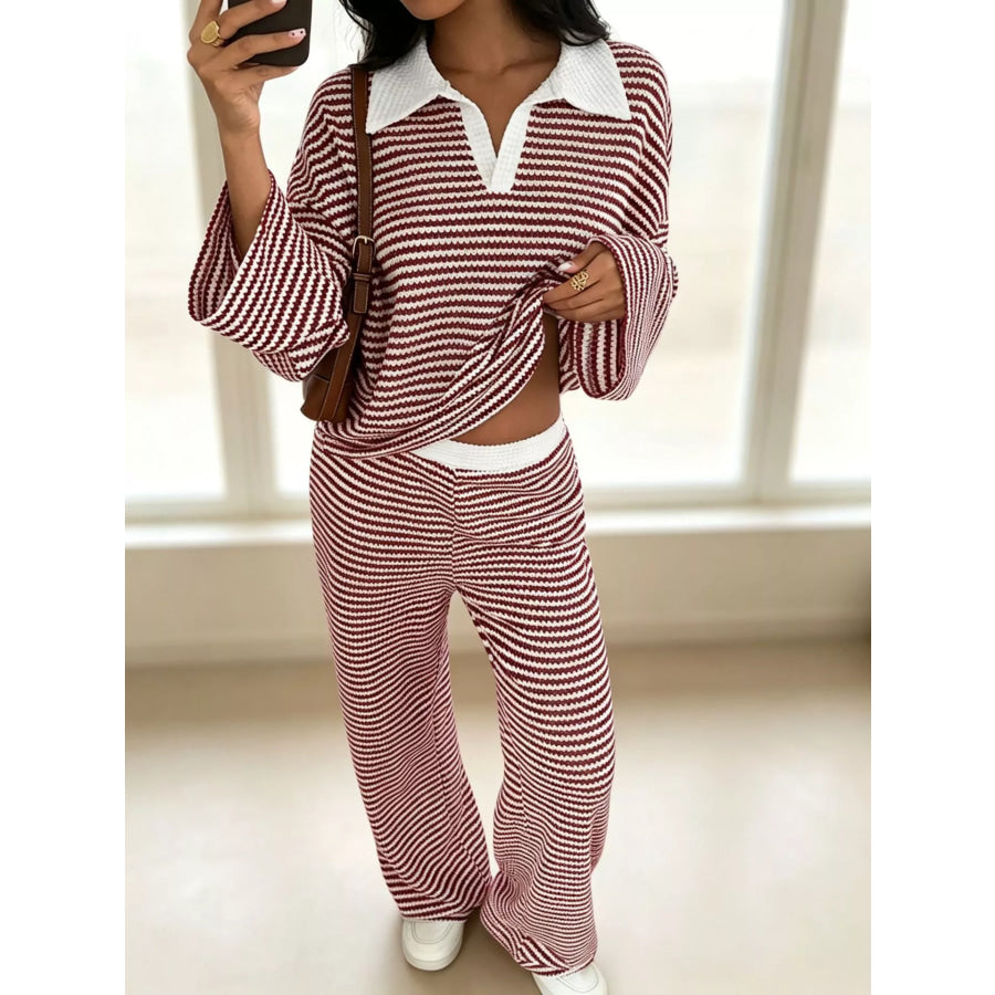 Striped Long Sleeve Polo and Wide-Leg Pants Set Red / XS Apparel and Accessories