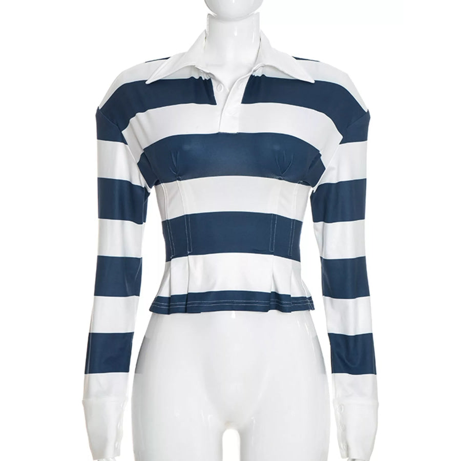 Striped Long-Sleeve Polo Top Dark Blue / S Apparel and Accessories
