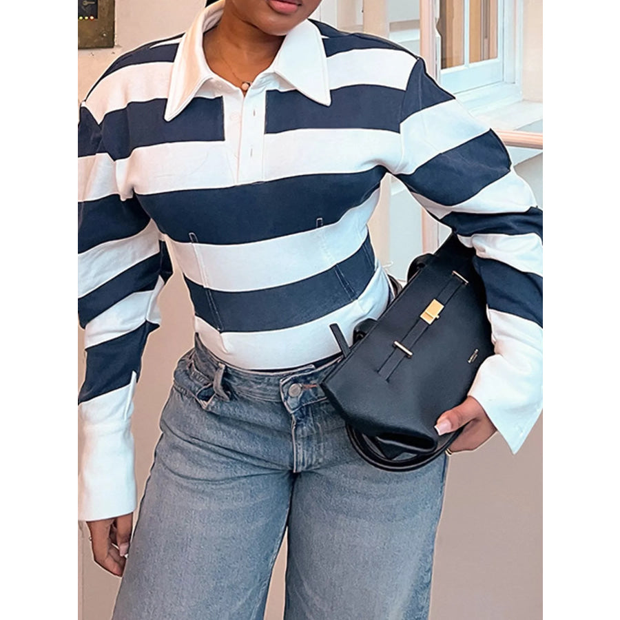 Striped Long-Sleeve Polo Top Dark Blue / S Apparel and Accessories