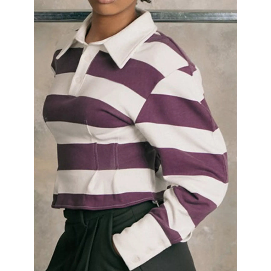 Striped Long-Sleeve Polo Top Purple / S Apparel and Accessories