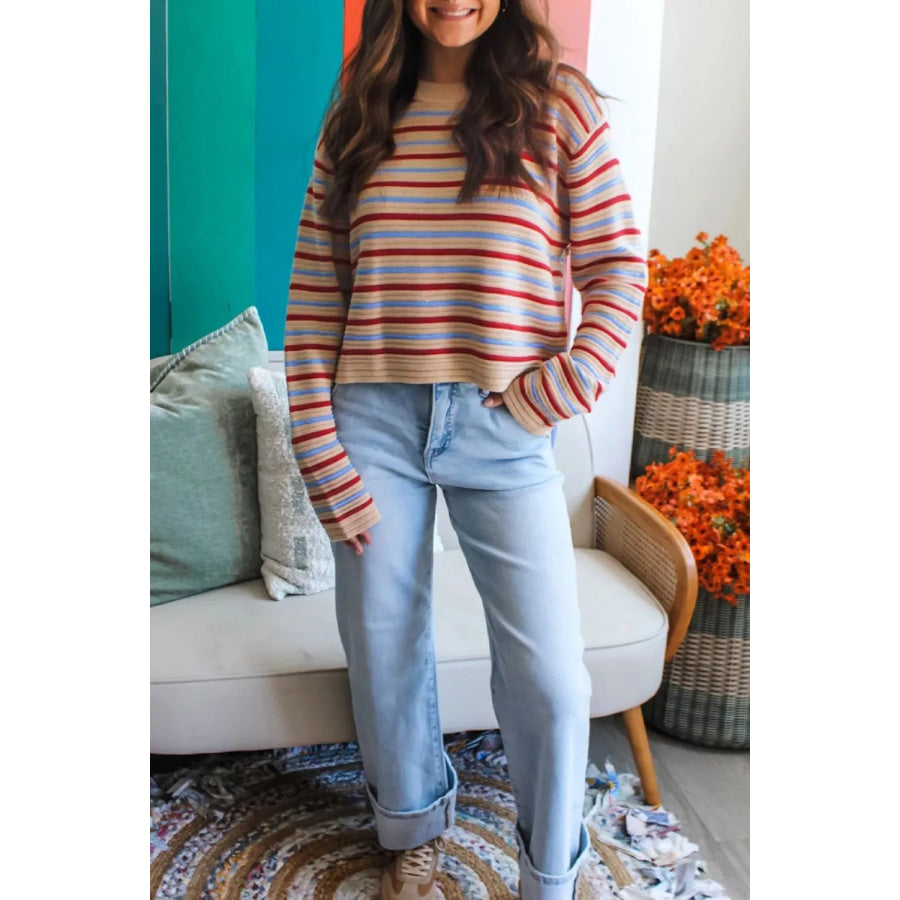 Striped Long Sleeve Round Neck Sweater Apparel and Accessories