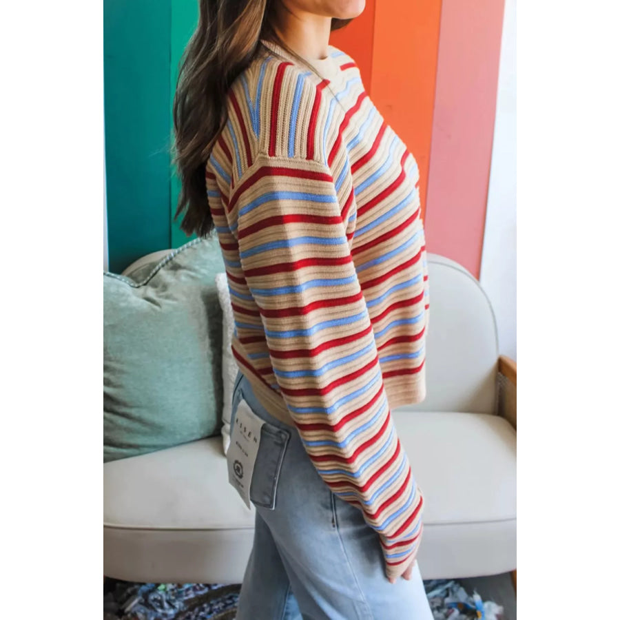 Striped Long Sleeve Round Neck Sweater Apparel and Accessories