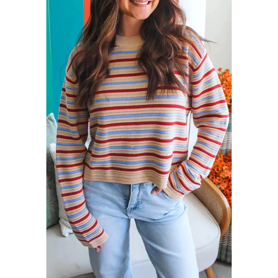 Striped Long Sleeve Round Neck Sweater Stripe / S Apparel and Accessories