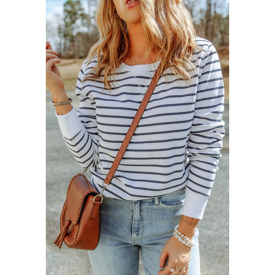 Striped Long Sleeve Round Neck Top Dark Gray / S