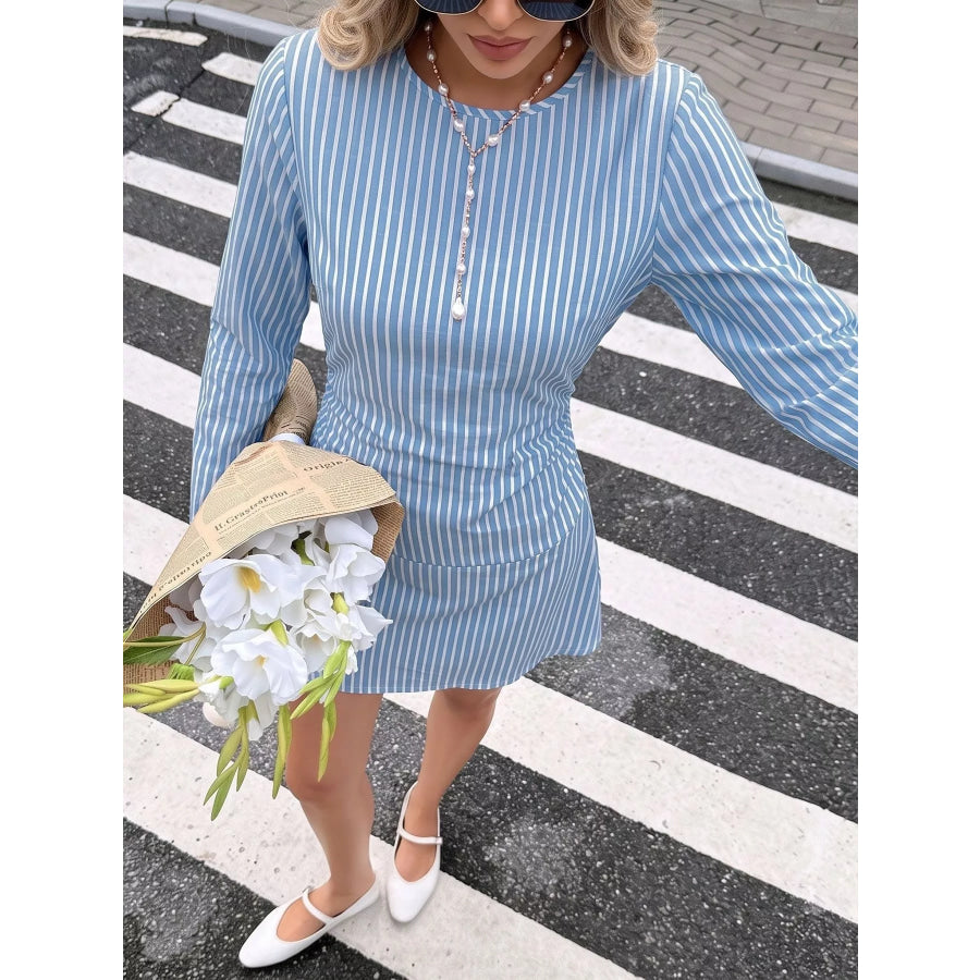 Striped Long-Sleeve Ruched Mini Dress Apparel and Accessories