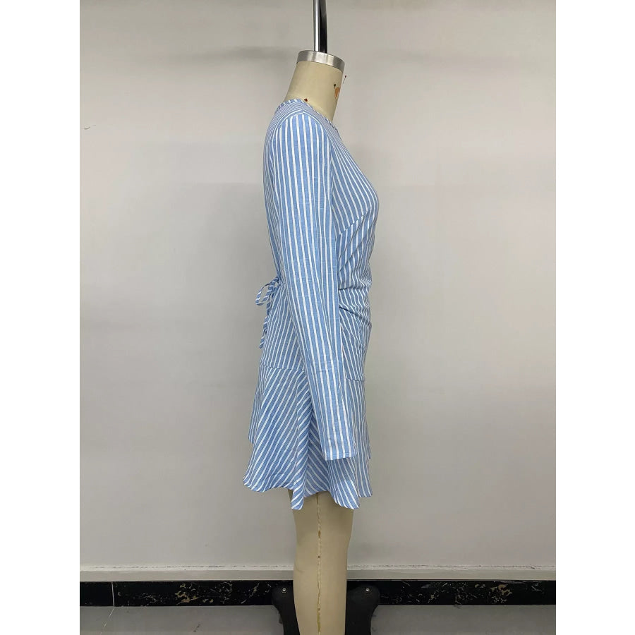 Striped Long-Sleeve Ruched Mini Dress Apparel and Accessories