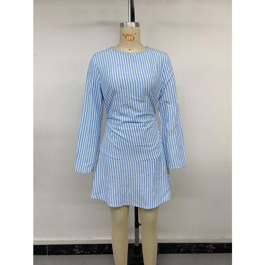 Striped Long-Sleeve Ruched Mini Dress Apparel and Accessories