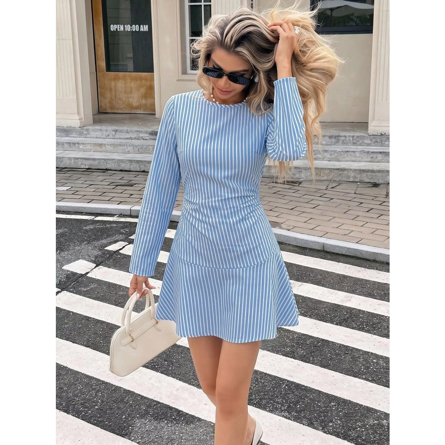 Striped Long-Sleeve Ruched Mini Dress Blue / S Apparel and Accessories