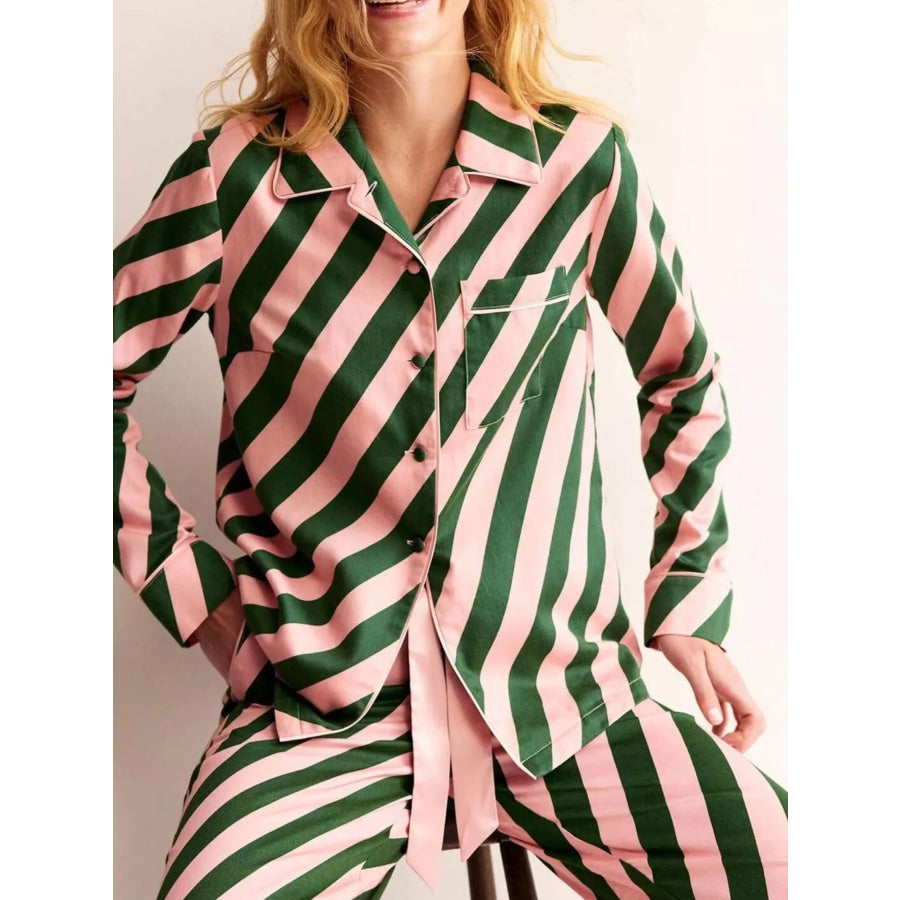 Striped Long Sleeve Shirt and Pants Lounge Set Apparel and Accessories